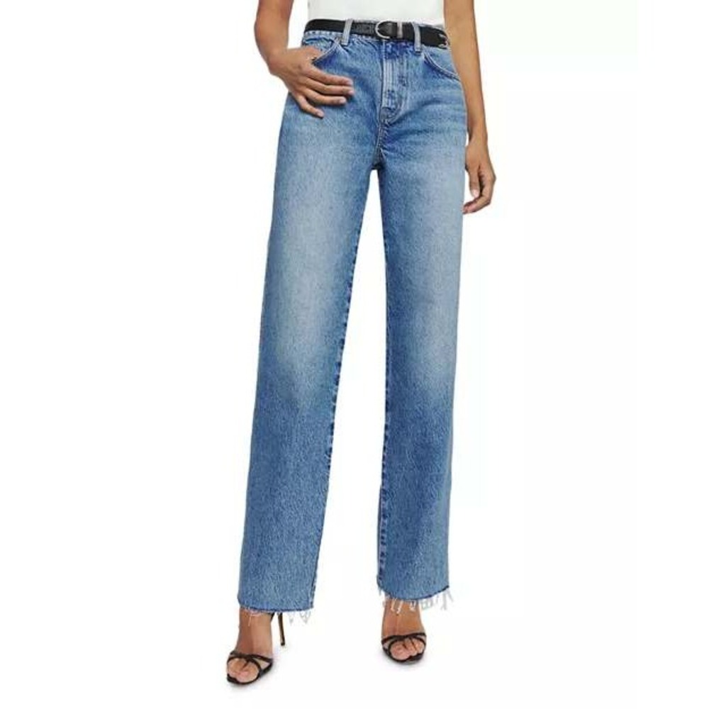 Reformation Val 90s Mid Rise Straight Jeans Blue Raw Hem Size 26